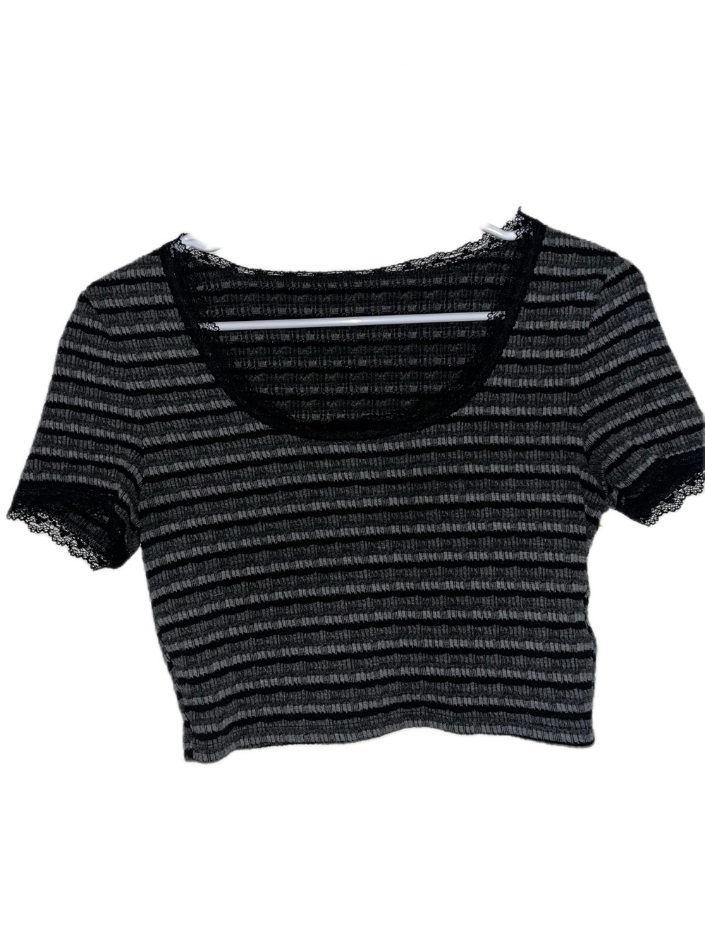 Striped Lace-Trim Crop Top in Black and Gray